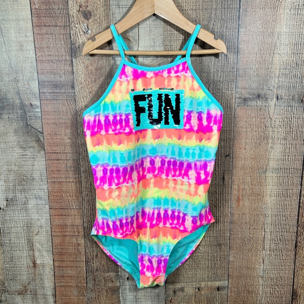 Wonder Nation Girls 10-12 Tie Dye One Piece Swimsuit Sequin Bathing Suit
